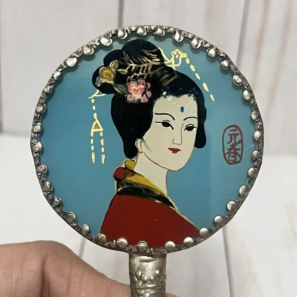 Vintage Asian Vanity Mirror Geisha Enamel Green Handle Cloisonné Style